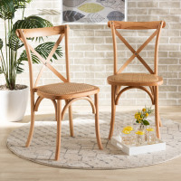 Baxton Studio FC02-Natural Wood-Beechwood/Rattan-DC Tartan Mid-Century Modern Brown Woven Rattan and Wood 2-Piece Dining Chair Sete